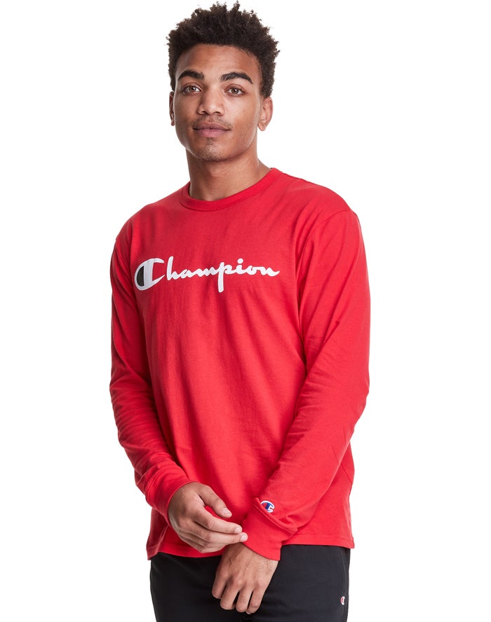 Champion Mens T-Shirt NZ - Long-Sleeve Lightweight Script Logo Red ( 0653-XSBHE )